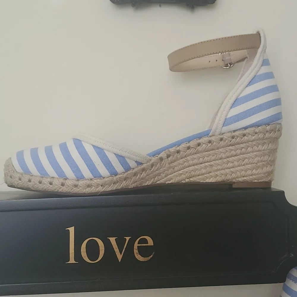 Crown & Ivy Nautical Blue White Stripe Espadrille Wedge - Picture 4 of 11